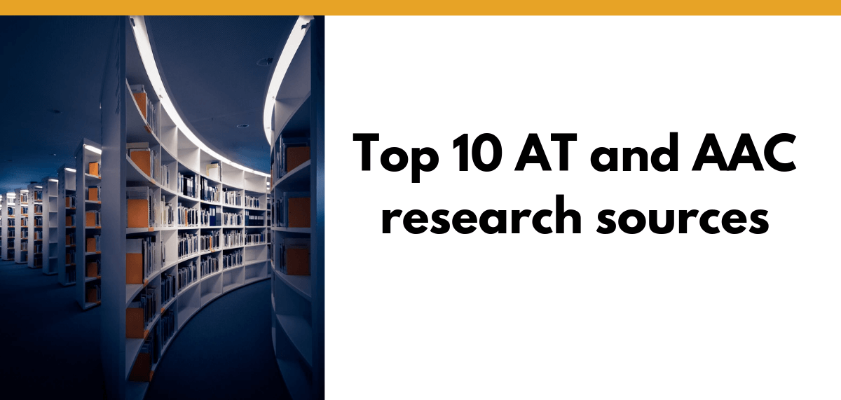 Image of library stacks. Top 10 AT and AAC research sources.